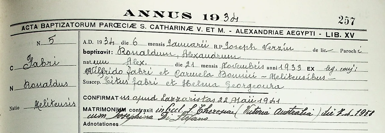 Ronald Fabri's Baptism record.